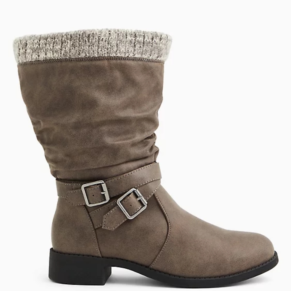 Grey Faux Leather Sweater-Trimmed Slouchy Moto Boot (WW)